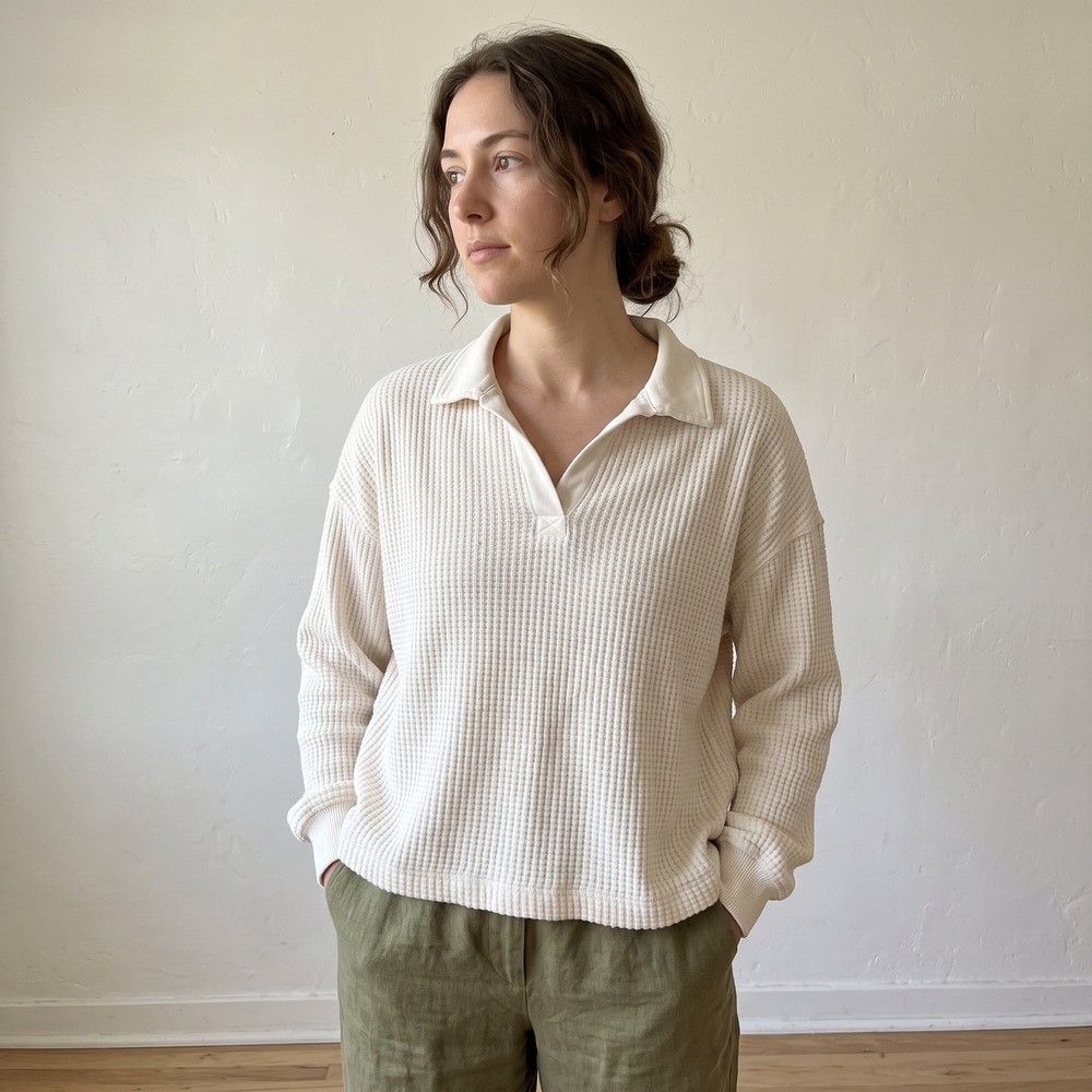MATE the Label Womens Waffle Polo Top Small Cream Organic Cotton Minimalist